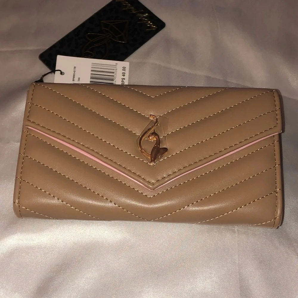 Baby Phat Tan Faux Leather Quilted Chevron Flap Clutch Wallet Cat Logo NWT